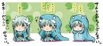  1girl =_= animal_costume animal_print aqua_hair aqua_kimono blush bow chibi closed_eyes dragon_girl dragon_horns fate/grand_order fate_(series) horns japanese_clothes kimono kiyohime_(fate/grand_order) multiple_horns obi sash sen_(astronomy) translation_request triangle_mouth yellow_bow 