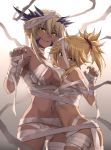  2girls artoria_pendragon_(all) artoria_pendragon_(lancer_alter) ass bandaged_arm bandaged_hand bandaged_leg bandaged_neck bandages bangs bare_shoulders blonde_hair breasts claw_pose commentary english_commentary eyebrows_visible_through_hair fate/grand_order fate_(series) green_eyes hair_between_eyes hair_ornament hair_scrunchie highres large_breasts looking_at_viewer mordred_(fate) mordred_(fate)_(all) multiple_girls mummy_costume navel ponytail pout purple_nails red_scrunchie scrunchie small_breasts tonee upper_teeth 