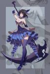  1543058536 1girl armor benghuai_xueyuan black_hair black_legwear breasts cleavage dress hair_ornament highres holding holding_weapon honkai_(series) honkai_impact_3rd multicolored_hair scythe seele seele_vollerei shoes short_hair skirt tattoo weapon 