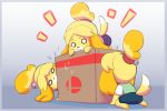  3girls :3 animal_ears blonde_hair box brachy-artz cardboard_box chewing chibi clone commentary dog_ears dog_girl dog_tail doubutsu_no_mori english_commentary furry multiple_girls o_o shizue_(doubutsu_no_mori) short_eyebrows skirt super_smash_bros. tail topknot 