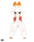  2019 absurd_res anthro bedroom_eyes belly blush breasts clothed clothing female full-length_portrait half-closed_eyes happy hi_res jacket looking_at_viewer naughty_face navel nintendo pok&eacute;mon pok&eacute;mon_(species) portrait pose pussy saltyxodium scorbunny seductive short_stack simple_background small_breasts smile solo standing thick_thighs topwear video_games white_background white_body wide_hips 