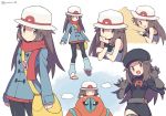  1girl agata_(agatha) alternate_costume arms_at_sides bag bare_shoulders belt black_dress black_gloves black_headwear black_legwear blue_(pokemon) blue_coat breasts brown_eyes brown_hair cabbie_hat claw_pose cloud cowboy_shot deoxys dress elbow_gloves full_body gen_3_pokemon gloves hand_on_own_cheek hand_on_own_chin hat leg_warmers legendary_pokemon long_sleeves looking_at_viewer miniskirt multiple_views pantyhose pokemon pokemon_(creature) pokemon_(game) pokemon_frlg porkpie_hat red_scarf red_skirt scarf shoulder_bag skirt small_breasts standing tank_top team_rocket_uniform twitter_username v-shaped_eyebrows vs_seeker white_background white_headwear 