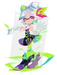  1girl amakusa_(hidorozoa) black_dress black_footwear cephalopod_eyes dress gloves green_legwear hotaru_(splatoon) looking_at_viewer splatoon_(series) tagme tentacle_hair white_background white_hair 