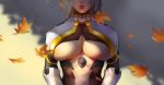  1girl absurdres against_wall arms_at_sides autumn_leaves blonde_hair blurry borvar breasts depth_of_field head_out_of_frame highres large_breasts leaf leaves_in_wind medium_hair mercy_(overwatch) overwatch overwatch_2 parted_lips shade smile solo underboob upper_body 