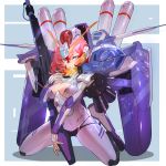  1girl absurdres blush bodysuit breasts cleavage ex-s_gundam grandialee green_eyes gundam gundam_sentinel headgear highres holding holding_weapon logo looking_at_viewer mecha_musume medium_breasts parted_lips personification pink_hair seiza short_hair sitting solo thighs thrusters weapon 