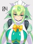  1girl bangs blush bodysuit bombergirl bow breasts closed_mouth edobox emera_(bombergirl) green_bodysuit green_eyes green_hair grey_background hair_between_eyes large_breasts looking_at_viewer neck_garter shiny short_hair simple_background solo yellow_bow 