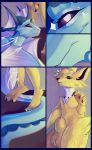  2019 absurd_res animal_genitalia anthro anthrofied balls comic digital_media_(artwork) eeveelution elvche female hi_res jolteon male nintendo paws pok&eacute;mon pok&eacute;mon_(species) pussy sheath smile smirk vaporeon video_games 