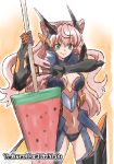  1girl breasts cleavage closed_mouth commentary_request food gloves green_eyes link_(aa30) long_hair looking_at_viewer maria_cadenzavna_eve pink_hair popsicle senki_zesshou_symphogear smile solo watermelon_bar 