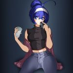  1girl ahoge alternate_costume alternate_hairstyle blue_eyes blue_hair breasts casual chaesu cup denim eating hair_bun hairband huge_ahoge jacket jeans looking_at_viewer medium_breasts midriff milk navel oreo orie_(under_night_in-birth) pants sleeveless solo tied_hair turtleneck under_night_in-birth white_hairband 