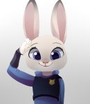  2016 anthro clothed clothing dipstick_ears disney front_view fur gesture grey_background grey_body grey_fur half-length_portrait hikariviny judy_hopps lagomorph leporid light lighting long_ears looking_at_viewer mammal multicolored_ears pink_nose police_uniform portrait purple_eyes rabbit salute simple_background smile solo uniform zootopia 