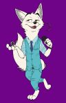  absurd_res andy_lagopus anthro arctic_fox barefoot bottomwear canid canine charliebarkinq cheek_tuft claws clothed clothing disney face_tuft fan_character fangs fluffy fluffy_tail fox fully_clothed fur head_tuft hi_res holding_object inner_ear_fluff mammal microphone neck_tuft necktie open_mouth open_smile pants purple_background sharp_teeth shirt simple_background smile solo teeth toe_claws topwear tuft white_body white_fur yellow_eyes zootopia 