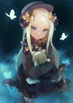  1girl :o abigail_williams_(fate/grand_order) bana_(stand_flower) bangs black_bow black_headwear blonde_hair blue_butterfly blue_eyes bow bug butterfly commentary_request fate/grand_order fate_(series) hair_bow highres insect long_hair looking_at_viewer object_hug orange_bow parted_bangs sleeves_past_fingers sleeves_past_wrists solo stuffed_animal stuffed_toy teddy_bear white_butterfly 