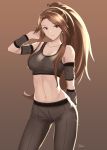  1girl arm_up artist_name bare_shoulders breasts brown_background brown_hair brown_pants closed_mouth commentary contrapposto cowboy_shot earrings eyebrows_visible_through_hair gradient gradient_background granblue_fantasy high_ponytail highres jewelry katalina_aryze lazycoffee_(wyen_iscordo) long_hair looking_at_viewer medium_breasts navel pants red_eyes sidelocks smile solo sportswear stomach very_long_hair 