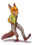  2018 anthro arm_tuft barefoot black_nose blue-bagel bottomwear canid canine claws clothed clothing digital_media_(artwork) dipstick_ears disney eyebrows fox full-length_portrait fully_clothed fur gloves_(marking) green_eyes half-closed_eyes happy inner_ear_fluff looking_at_viewer mammal markings multicolored_body multicolored_ears multicolored_fur necktie nick_wilde orange_body orange_fur pants pawpads portrait pose red_fox shadow shirt signature simple_background smile smug solo text toe_claws toes topwear tuft white_background zootopia 
