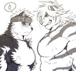  2017 anthro armpit_hair big_pecs body_hair canid canine canis chest_tuft duo eyes_closed felid fur hair hi_res horkeukamui kemono magan male male/male mammal muscular muscular_male pantherine pecs simple_background tiger tokyo_afterschool_summoners tuft video_games wolf xxomgx 