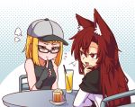 2girls :d :t =3 alternate_costume animal_ear_fluff animal_ears bangs bare_shoulders baseball_cap beer_mug bespectacled black-framed_eyewear black_gloves black_tank_top blonde_hair blue_background blush breasts brown_hair casual chair commentary contemporary cup dress drinking_glass drinking_straw english_commentary eyelashes fang finger_to_chin fingerless_gloves flying_sweatdrops from_behind glasses gloves grey_headwear hair_between_eyes halftone halftone_background hand_on_own_chin hand_up hat ice ice_cube imaizumi_kagerou joutouguu_mayumi long_sleeves looking_at_another medium_breasts multiple_girls nail_polish open_mouth red_eyes red_nails short_hair sitting smile table tank_top touhou upper_body white_background white_dress wolf_ears wool_(miwol) yellow_eyes 