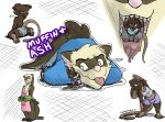  2019 anthro ashley_(themuffinly) blush breasts butt butt_pose clothing common_ferret digital_media_(artwork) duo female fur looking_at_viewer looking_back male mammal mouse muffin_(themuffinly) murid murine mustela mustelid musteline open_mouth pose rodent simple_background size_difference slightly_chubby smile stretching themuffinly tongue tongue_out underwear vore white_background 
