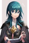  1girl armor blue_eyes blue_hair breasts byleth_(fire_emblem) byleth_(fire_emblem)_(female) cape commentary_request eyebrows_visible_through_hair fire_emblem fire_emblem:_three_houses green_hair hair_between_eyes long_hair looking_at_viewer minami_ikkei simple_background smile 
