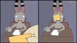  anthro appleseed_(artist) buckteeth cheese dairy_products disembodied_hand disney duo ear_markings facial_markings food fur furniture grey_body grey_fur head_markings hi_res holding_cup holding_object jack_savage lagomorph leporid mammal markings nude pink_nose rabbit sequence sitting table teeth zootopia 