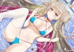  1girl absurdres ahoge azur_lane bangs bare_legs bare_shoulders bikini blonde_hair blue_bikini blunt_bangs blush braid breasts breasts_apart character_name closed_mouth collarbone criss-cross_halter day double_bun eyebrows_visible_through_hair fengyue_jiang formidable_(the_lady_of_the_beach)_(azur_lane) halterneck highres large_breasts leg_up long_hair looking_at_viewer lying on_back outdoors red_eyes single_braid single_thighhigh smile solo sparkle swimsuit thighhighs very_long_hair water white_legwear 