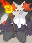  2019 anthro blush breasts canid canine claws delphox female fire front_view fur grey_body grey_fur hi_res kame_3 looking_at_viewer mammal nintendo nipples pok&eacute;mon pok&eacute;mon_(species) purple_body purple_fur smile solo video_games 