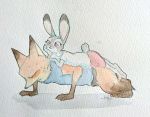  anthro bodily_fluids bottomwear canid canine clothed clothing dipstick_ears dipstick_tail disney duo exercise fox fully_clothed fur gloves_(marking) grey_body grey_fur hi_res judy_hopps lagomorph leporid light lighting mammal markings multicolored_ears multicolored_tail nick_wilde on_top orange_body orange_fur painting_(artwork) purple_eyes rabbit red_fox scut_tail shirt shorts simple_background smile sweat sweatdrop t-shirt topwear traditional_media_(artwork) ulako watercolor_(artwork) white_background zootopia 