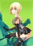 1girl bare_shoulders black_gloves black_legwear blonde_hair blush commentary_request dress elbow_gloves frame_arms_girl gloves gourai green_background green_eyes hand_on_another&#039;s_chest looking_at_viewer looking_to_the_side microdress open_mouth pinakes robot short_hair shoulder_blades skindentation sleeveless straddling thighhighs thighs 