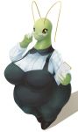  2019 3_fingers anthro anthrofied belly big_belly big_breasts big_butt breasts butt claws clothing dress_pants dress_shirt dress_shoes eyelashes eyewear female fingers form_fitting formal_clothing front_view glasses green_body green_scales green_skin hi_res high-angle_view huge_breasts hurikata looking_at_viewer meganium nintendo non-mammal_breasts obese obese_female overweight overweight_female pok&eacute;mon pok&eacute;mon_(species) reptile scales scalie secretary shirt simple_background solo standing thick_thighs tight_clothing topwear video_games white_background wide_hips yellow_eyes 