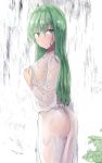  1girl ass bangs blush commentary_request cowboy_shot eyebrows_visible_through_hair from_side green_eyes green_hair hair_between_eyes highres kochiya_sanae leaf long_hair long_sleeves looking_at_viewer parted_lips robe see-through solo standing touhou wet wet_clothes white_background white_robe y2 