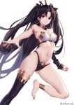  1girl anklet armlet asymmetrical_legwear asymmetrical_sleeves bangs barefoot bikini black_bikini_bottom black_bow black_hair bow breasts closed_mouth detached_collar detached_sleeves earrings fate/grand_order fate_(series) hair_bow highleg highleg_bikini hoop_earrings ishtar_(fate/grand_order) jewelry long_hair looking_at_viewer navel neck_ring parted_bangs red_eyes sakanasoko simple_background single_detached_sleeve single_thighhigh smile solo swimsuit thighhighs tiara two_side_up white_background white_bikini_top 