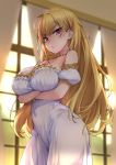  1girl :&lt; backlighting bangs bare_shoulders blonde_hair blurry blurry_background blush breast_hold breasts cleavage closed_mouth collarbone covered_navel cowboy_shot crossed_arms curtains day depth_of_field detached_sleeves dress eyebrows_visible_through_hair indoors large_breasts long_hair looking_at_viewer nijisanji pink_eyes puffy_short_sleeves puffy_sleeves short_sleeves solo strapless strapless_dress sunlight takamiya_rion try v-shaped_eyebrows very_long_hair virtual_youtuber white_dress window 