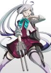  1girl ahoge asashimo_(kantai_collection) boushi-ya dress from_below gradient_hair grey_eyes grey_hair hair_over_one_eye halterneck highres holding_turret kantai_collection long_hair looking_at_viewer looking_down multicolored_hair ponytail purple_dress purple_legwear remodel_(kantai_collection) school_uniform silver_hair simple_background sleeves_rolled_up solo thighhighs white_background 