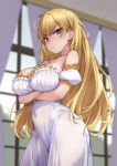  1girl :&lt; bangs bare_shoulders blonde_hair blurry blurry_background blush breast_hold breasts cleavage closed_mouth collarbone commentary_request covered_navel cowboy_shot crossed_arms curtains day depth_of_field detached_sleeves dress eyebrows_visible_through_hair indoors large_breasts long_hair looking_at_viewer nijisanji pink_eyes puffy_short_sleeves puffy_sleeves short_sleeves solo strapless strapless_dress takamiya_rion try v-shaped_eyebrows very_long_hair virtual_youtuber white_dress window 
