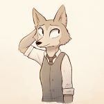  1:1 anthro beastars black_nose canid canine canis cheek_tuft clothed clothing enginetrap face_tuft front_view half-length_portrait hi_res inner_ear_fluff legosi_(beastars) looking_away mammal portrait shirt simple_background solo tan_background topwear tuft wolf 