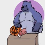  1:1 2019 anthro black_nose bodily_fluids canid canine canis cottongryph cum digital_drawing_(artwork) digital_media_(artwork) domestic_dog erection food fruit fur genital_fluids humanoid_penis jack-o&#039;-lantern looking_at_viewer male mammal muscular muscular_male nude pecs penis plant pumpkin simple_background smile solo wolf 