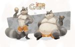  abs anthro before_and_after belly big_belly burger chubby_cheeks claws clothed clothing doughnut facial_markings food fur grey_body grey_fur hand_on_hip hand_on_stomach head_markings holding_food holding_object licking licking_lips love_handles male mammal markings mask_(marking) moobs navel nipples obese obese_male overweight overweight_male pizza procyonid raccoon riisago ringtail sitting smile solo standing tongue tongue_out topless weight_gain 