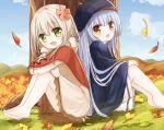  2girls autumn_leaves bangs barefoot beret black_headwear blue_hair blue_sky brown_capelet brown_dress brown_eyes brown_footwear cloud commentary_request crossed_arms day dress eyebrows_visible_through_hair flower ginkgo ginkgo_leaf green_eyes hair_between_eyes hair_flower hair_ornament hat knees_up light_brown_hair long_hair long_sleeves multiple_girls on_grass on_ground original outdoors sitting skirt sky sleeves_past_wrists soles tree very_long_hair white_skirt yuuhagi_(amaretto-no-natsu) 