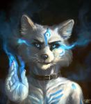  2019 anthro blue_eyes blue_fire canid canine claws collar colored_fire etis fire fox fur hi_res male mammal markings pyromancer simple_background smile smirk solo white_body white_fur wings-and-strings 