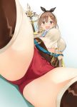  1girl :d atelier_(series) atelier_ryza blush breasts brown_eyes brown_hair brown_legwear commentary_request crotch from_below hair_ornament hairclip highres ichikawa_noa large_breasts looking_at_viewer midriff open_mouth red_shorts reisalin_stout short_hair short_shorts shorts smile solo thick_thighs thighhighs thighs 