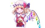  1girl :o ascot bangs blonde_hair blush bow breasts commentary crystal eyebrows_visible_through_hair flandre_scarlet frilled_shirt_collar frills hand_on_own_chest hand_up hat hat_bow highres koto_seori long_hair looking_at_viewer mob_cap one_side_up open_mouth puffy_short_sleeves puffy_sleeves red_bow red_eyes red_vest shirt short_sleeves simple_background small_breasts solo touhou upper_body vest white_background white_headwear white_shirt wings yellow_neckwear 
