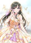  1girl animal bare_shoulders black_hair blurry blurry_background blush brown_dress bug butterfly collarbone commentary_request depth_of_field dress earrings flower grey_eyes hair_flower hair_ornament hair_ribbon hand_up highres holding holding_flower idolmaster idolmaster_cinderella_girls idolmaster_cinderella_girls_starlight_stage insect jewelry kobayakawa_sae long_hair looking_at_viewer necklace parted_lips pearl_necklace purple_flower ribbon solo strapless strapless_dress sutoroa very_long_hair white_flower yellow_ribbon 