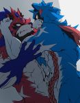  2019 abs abstract_background absurd_res against_wall anthro anthrofied arm_grab blue_body blue_fur blush canid duo fur hi_res legendary_pok&eacute;mon male male/male mammal muscular muscular_male nintendo nude pinned pok&eacute;mon pok&eacute;mon_(species) pok&eacute;morph red_body red_fur skarltano video_games yellow_eyes zacian zamazenta 