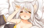  1girl :o animal_ear_fluff animal_ears arm_up bangs bare_arms bare_shoulders bed_sheet blush breasts collarbone commentary_request eyebrows_visible_through_hair fang fox_ears grey_nails hair_between_eyes hair_ornament hairclip long_hair medium_breasts minato_yu0 multicolored multicolored_nails nail_polish nose_blush open_mouth original pillow silver_hair solo upper_body yellow_eyes yellow_nails 