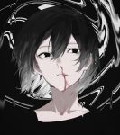  1boy abstract_background black_eyes black_hair blood blood_on_face blood_on_teeth collarbone dripping face hair_between_eyes highres ktym_777 male_focus multicolored_hair nosebleed original parted_lips solo teeth upper_body white_hair 