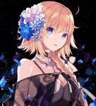  1girl ahoge alternate_costume bare_shoulders blonde_hair blue_eyes blue_flower braid breasts cleavage commentary_request eyebrows_visible_through_hair fate/grand_order fate_(series) flower hair_flower hair_ornament hiyunagi jeanne_d&#039;arc_(fate) jeanne_d&#039;arc_(fate)_(all) jewelry large_breasts long_hair looking_at_viewer necklace see-through single_braid solo 