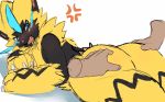  2019 ambiguous_gender anthro butt disembodied_hand felid feline fur hi_res legendary_pok&eacute;mon lying mammal nintendo nukochi pok&eacute;mon pok&eacute;mon_(species) rear_view solo video_games yellow_body yellow_fur zeraora 