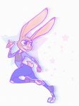  anthro blue-bagel buckteeth carrot_pen clothed clothing dipstick_ears disney fully_clothed judy_hopps lagomorph leporid looking_back mammal multicolored_ears open_mouth open_smile pawpads police_uniform purple_eyes rabbit running scut_tail side_view simple_background smile solo teeth toeless_legwear uniform white_background zootopia 
