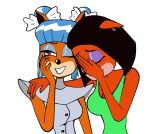  activision blue_hair brown_hair crash_bandicoot_(series) duo eyes_closed eyeshadow female hair laugh liz_bandicoot makeup megumi_bandicoot reaction_image red_eyes video_games 