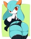 2019 3_fingers big_breasts big_butt breasts butt clothed clothing fan_character female fingers gloves handwear hi_res huge_breasts humanoid kirlia legwear lingerie looking_at_viewer looking_back nintendo not_furry open_mouth partially_clothed pok&eacute;mon pok&eacute;mon_(species) red_eyes rui_(sugaru) shiny_pok&eacute;mon short_stack skimpy solo squish stockings sugaru thick_thighs thigh_squish video_games wide_hips 