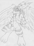  breasts demon digitigrade ear_piercing female fingering greyscale hair long_hair looking_at_viewer masturbation monochrome navel nipples nude piercing plain_background pussy sakido_elexion slightly_damned solo stripes unknown_artist webcomic white_background wings 